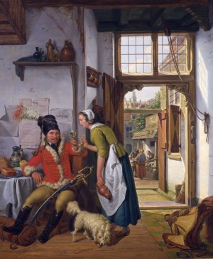 A soldier and a waitress in a tavern